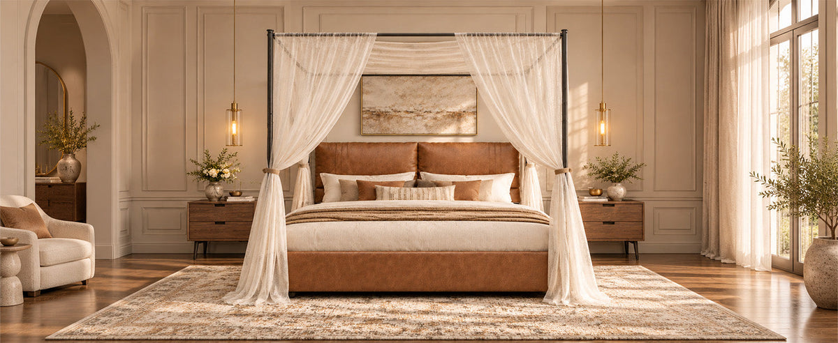 Queen Canopy Bed Frame with Four Poster Metal Design - Rustic Faux Leather, photo 6 of 10