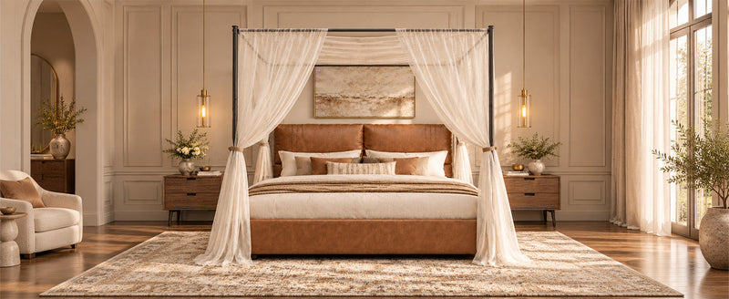 Queen Canopy Bed Frame with Four Poster Metal Design - Rustic Faux Leather, photo 6 of 10