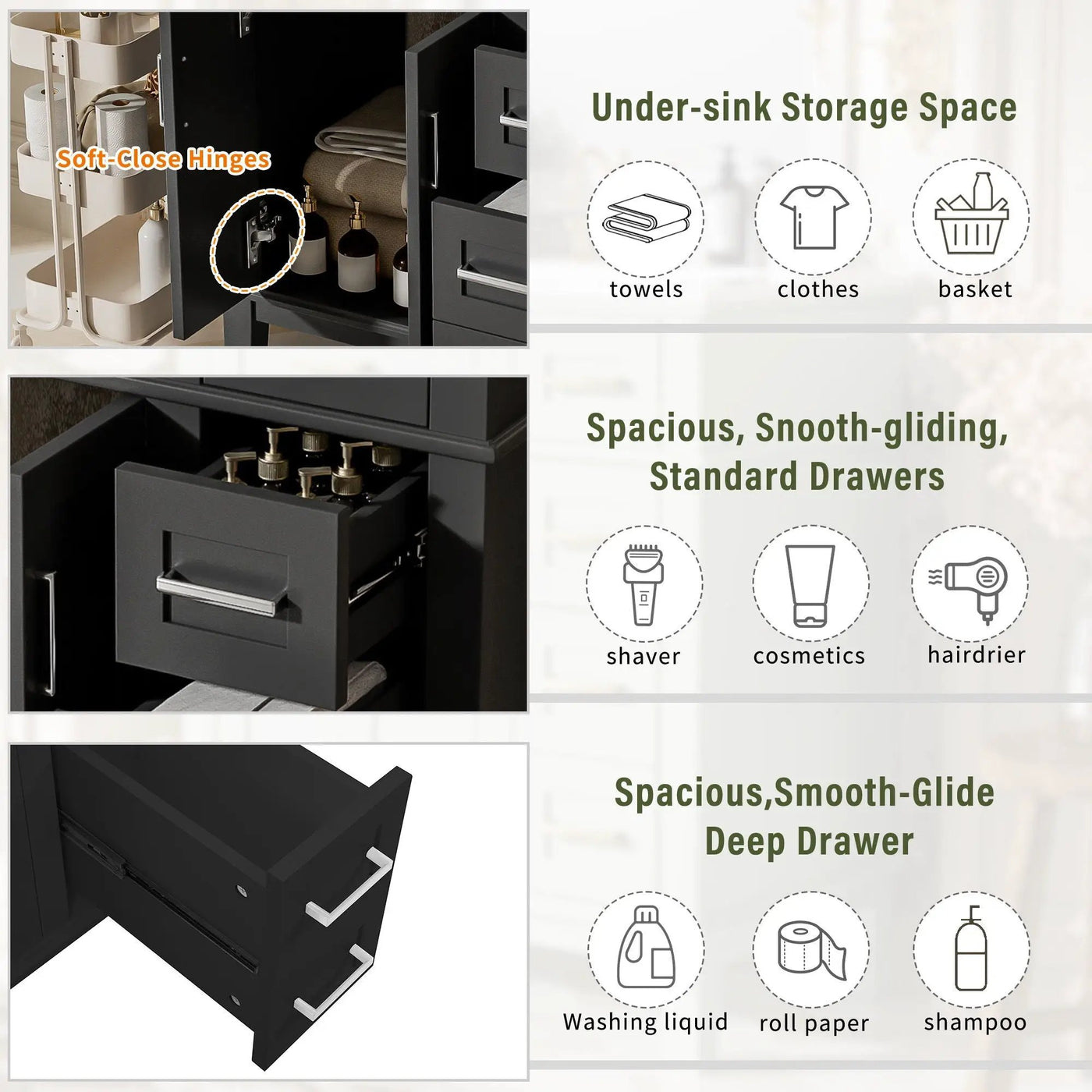 Modern Bathroom Vanity With Sink, Storage Cabinet, Soft Close Doors, Deep & Standard Drawers by HouseOfZazla