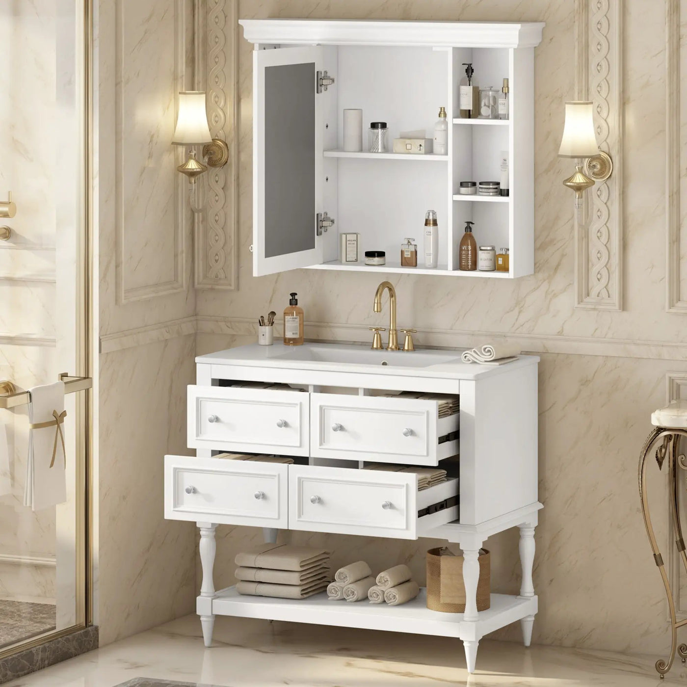 Bathroom Vanity With Medicine Cabinet, Storage Cabinet With 4 Drawers, Adjustable Shelf Mirror by HouseOfZazla