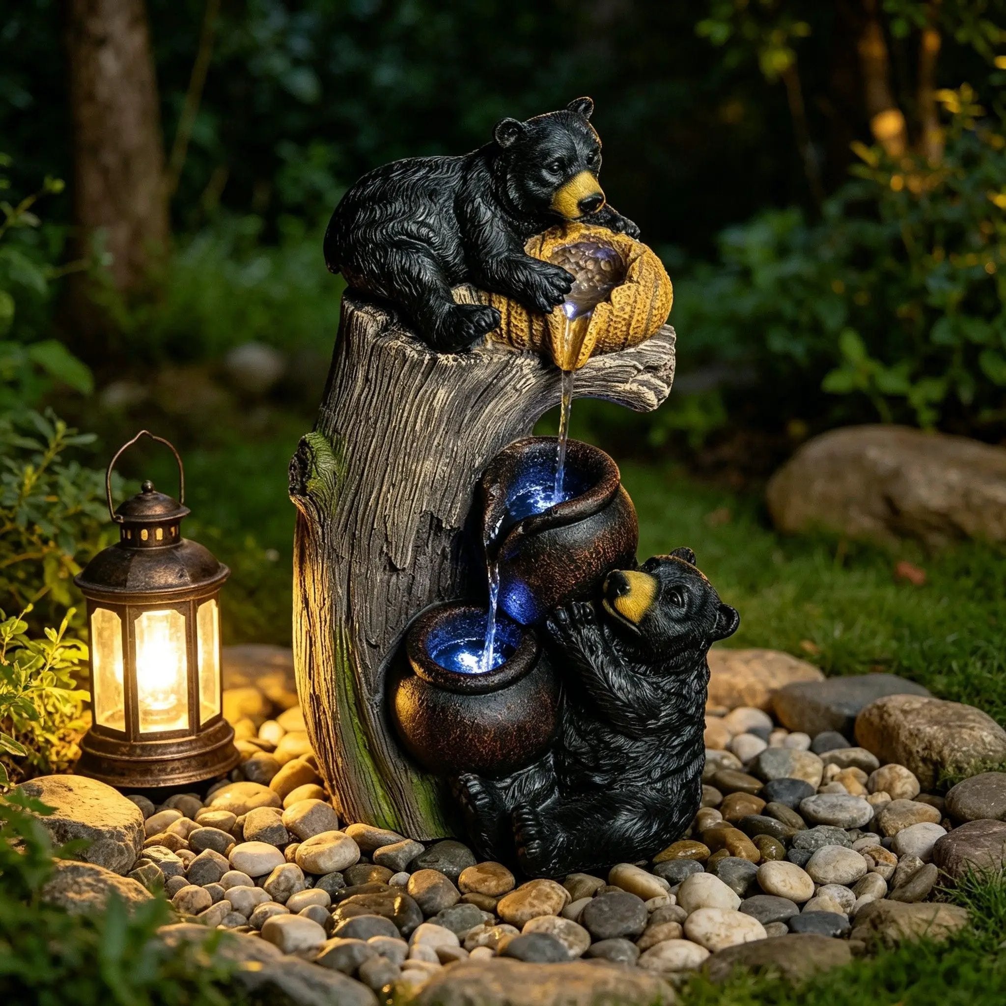 Bear Tree Stump Outdoor Water Fountain With LED Lights - Brown Gray by Unique Piece Furniture