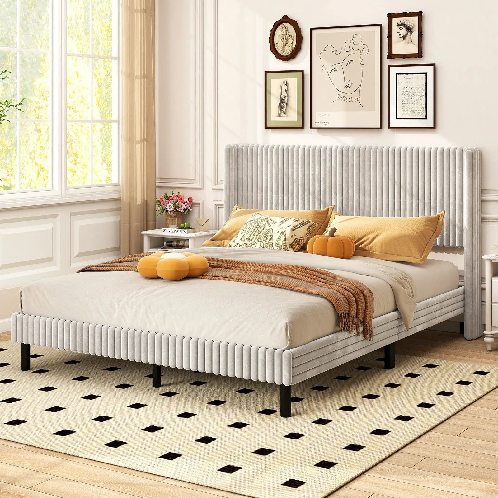 Queen Size Velvet Bed Frame with Vertical Channel Tufted Wingback Headboard-White by DirectDeals