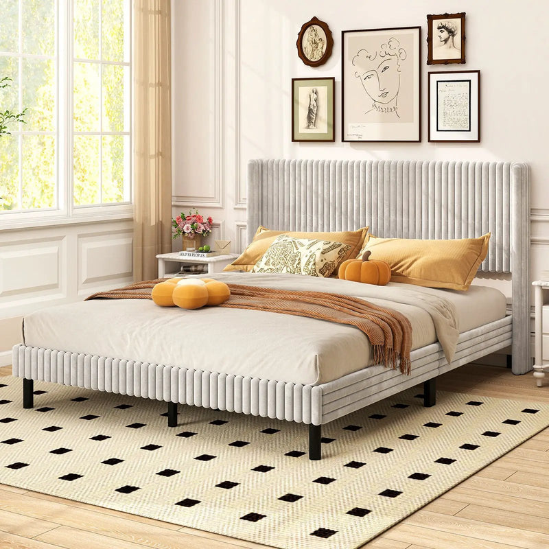 Queen Size Velvet Bed Frame with Vertical Channel Tufted Wingback Headboard-White by DirectDeals