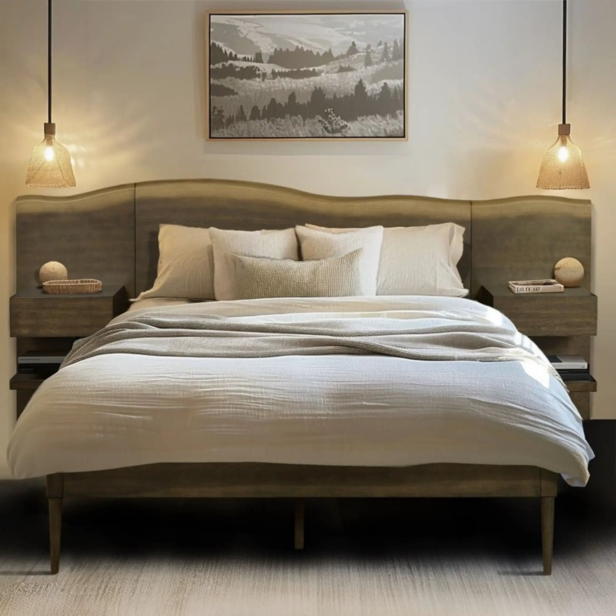 Queen Size Platform Bed Frame With Live Edge Headboard, Built In Nightstands - Dark Brown by Unique Piece Furniture