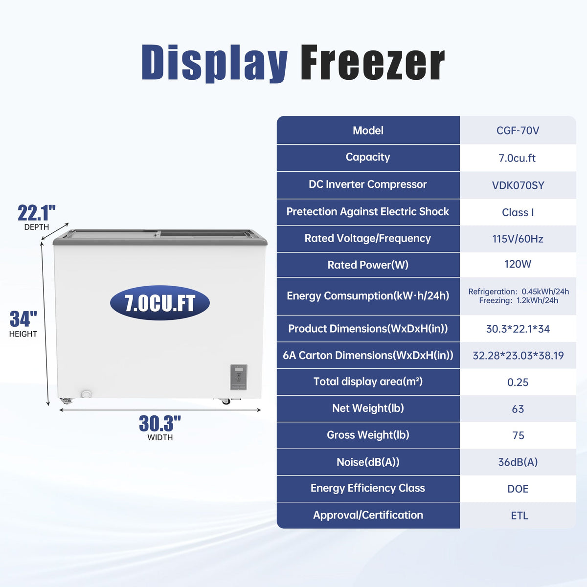 7.0 Cu.Ft Commercial Display Chest Freezer with Inverter Technology - Glass, photo 2 of 10