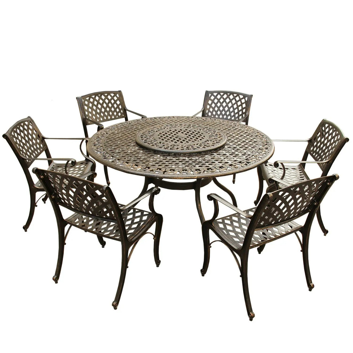 Outdoor Aluminum 7pc Round Patio Dining Set, Lazy Susan, Six Chairs by Sharicks