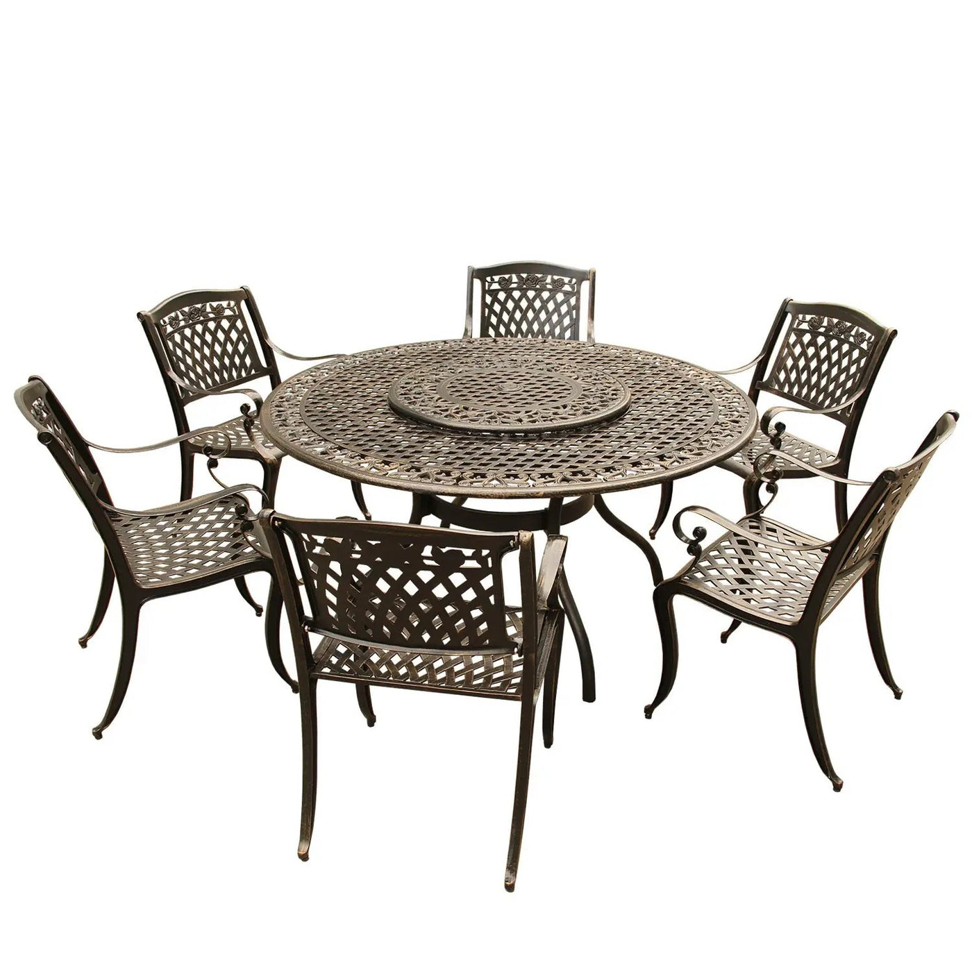Outdoor Aluminum 7pc Round Patio Dining Set, Lazy Susan, Six Chairs by Sharicks