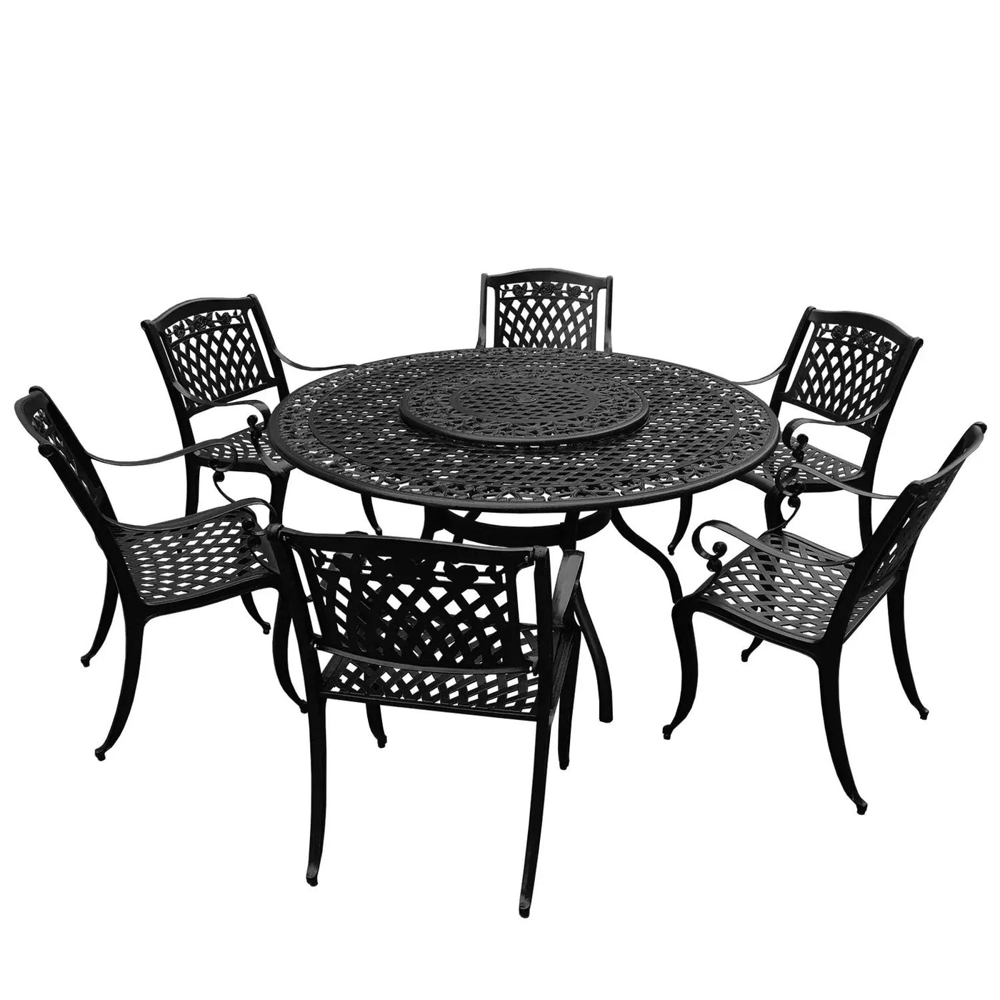 Outdoor Aluminum 7pc Round Patio Dining Set, Lazy Susan, Six Chairs by Sharicks