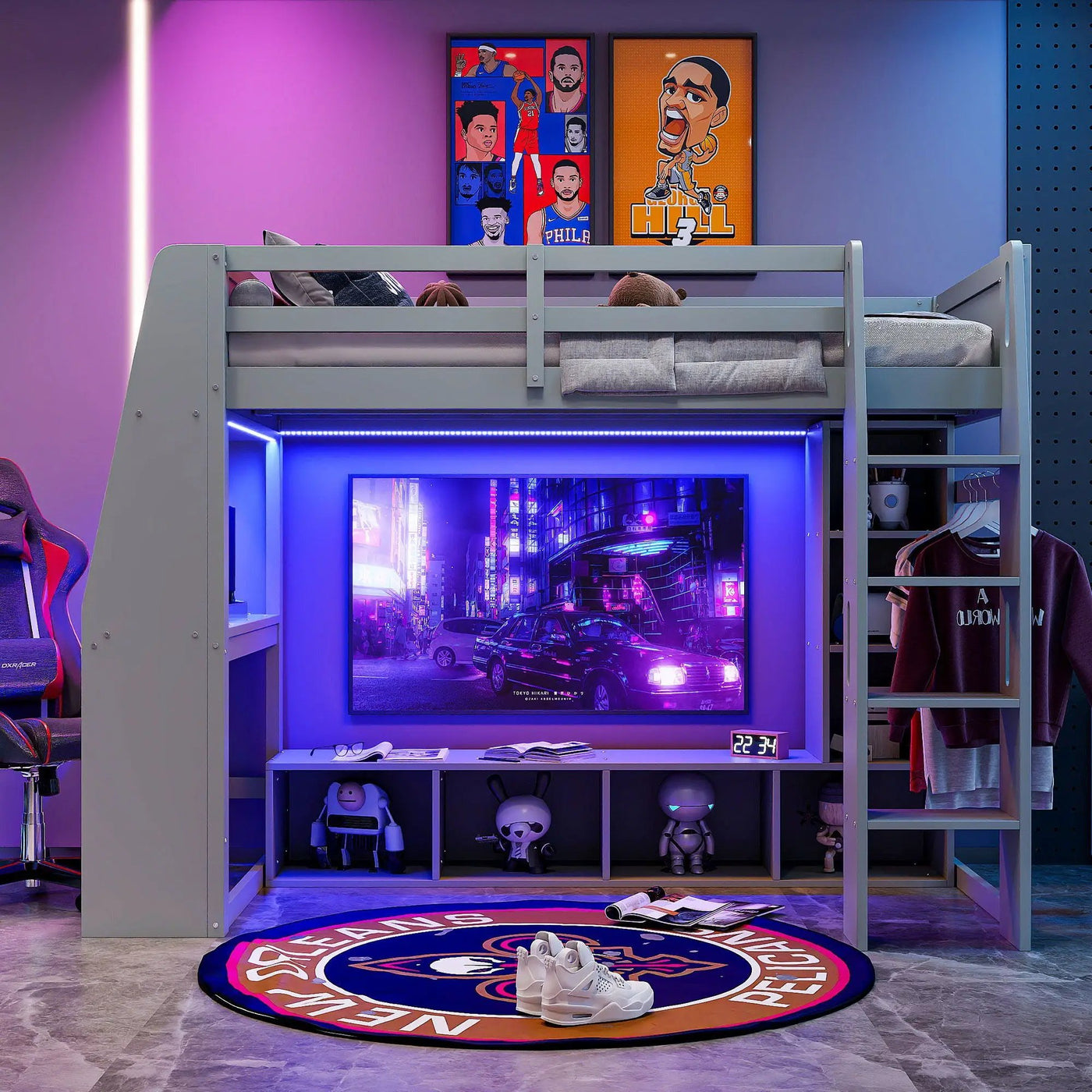 Gaming Loft Bed With Desk, Multi Storage Shelves, LED Lighting, And Hanging Clothes Rack by HouseOfZazla