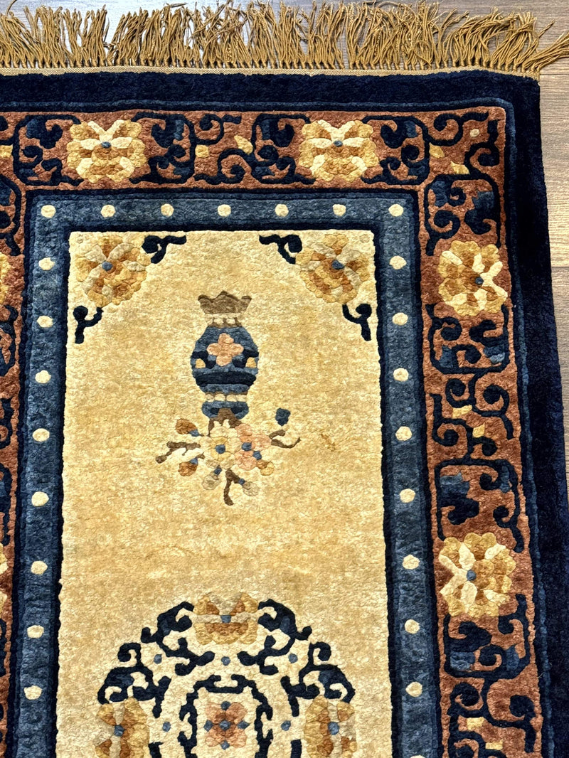 Silk Chinese Rug 2x4, Peking Carpet, Golden-Beige and Blue, Hand Knotted, Simple Design by Jewel Rugs