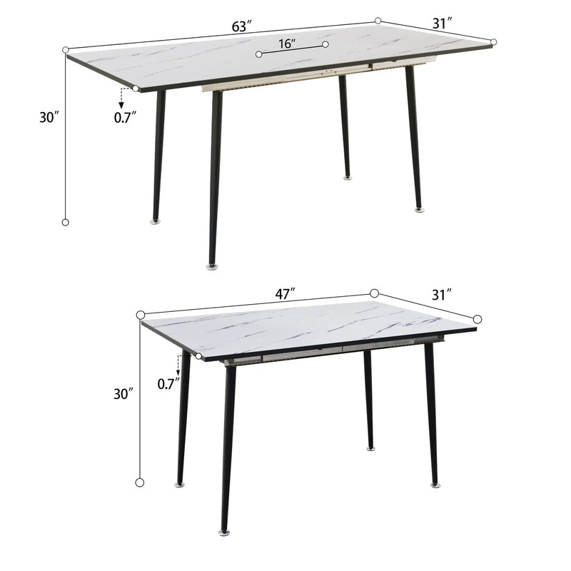Modern Industrial Expandable Dining Table 47" To With Marble Pattern Top And Metal Legs - White by Unique Piece Furniture