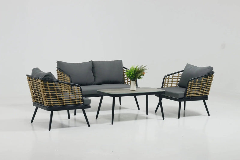 4 Pieces Patio Furniture Set, PE Rattan Wicker With Washable Cushion And Tempered Glass Tabletop, Conversation Furniture For Garden Poolside Balcony by HouseOfZazla