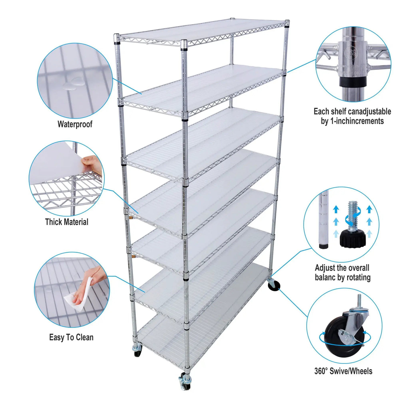 7 Tier Metal Shelf Wire Shelving Unit, 2450Lbs Heavy Duty Adjustable Storage Rack With Wheels & Shelf Liners For Closet Kitchen Garage Basement Commercial Shelving by HouseOfZazla