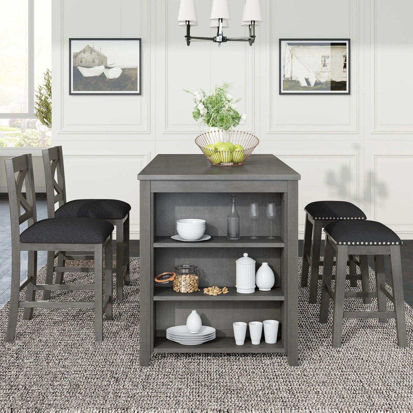 5 Pieces Counter Height Rustic Farmhouse Dining Room Wooden Bar Table Set With 2 Stools And 2 Chairs by Unique Piece Furniture