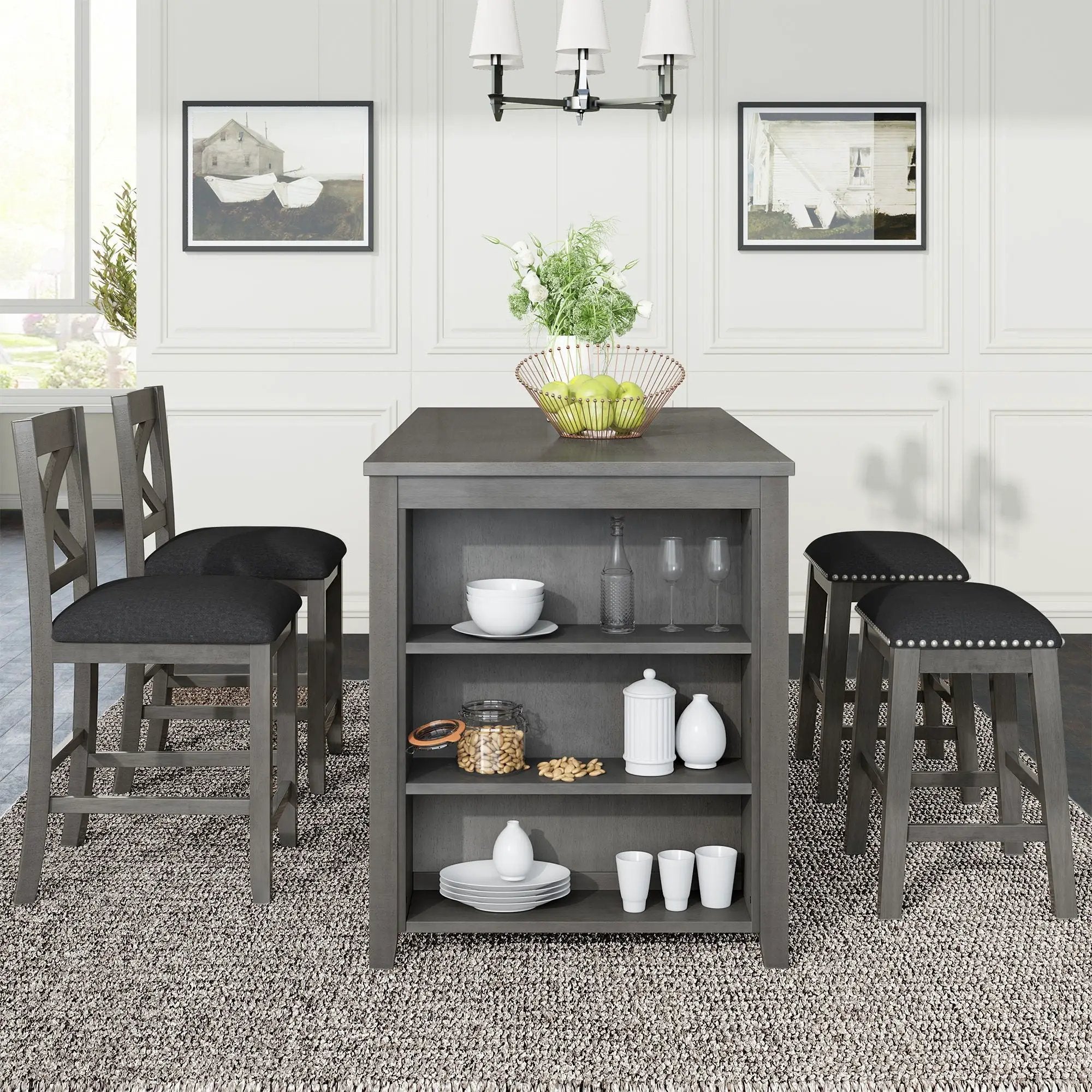 5 Pieces Counter Height Rustic Farmhouse Dining Room Wooden Bar Table Set With 2 Stools And 2 Chairs by Unique Piece Furniture