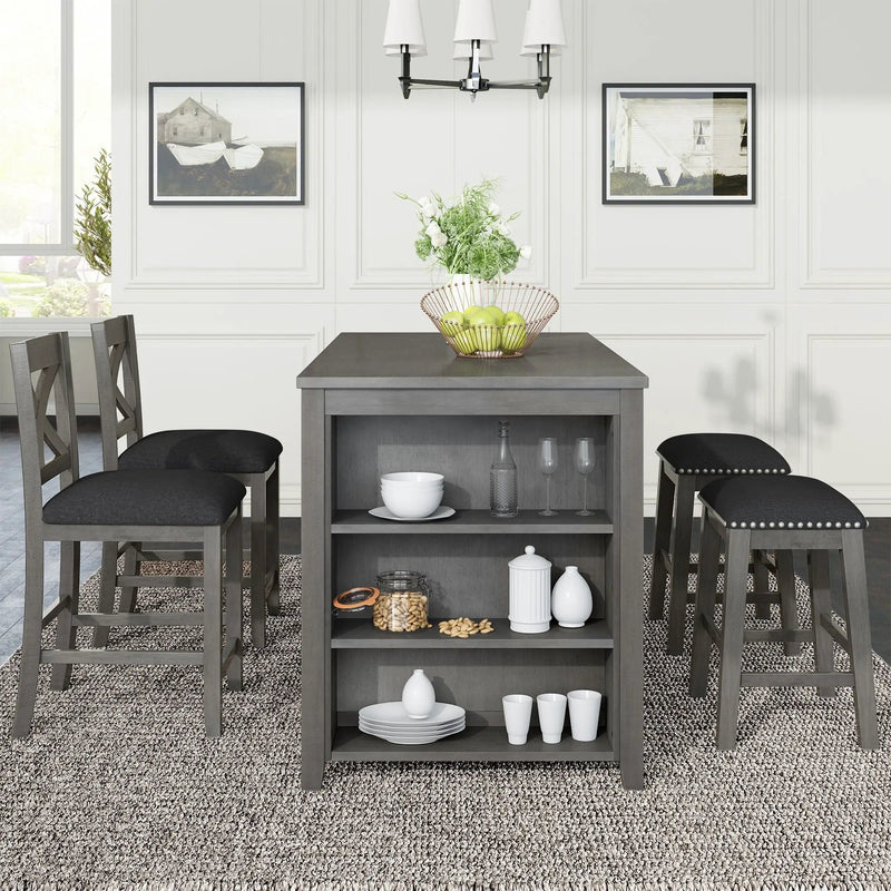 5 Pieces Counter Height Rustic Farmhouse Dining Room Wooden Bar Table Set With 2 Stools And 2 Chairs by Unique Piece Furniture