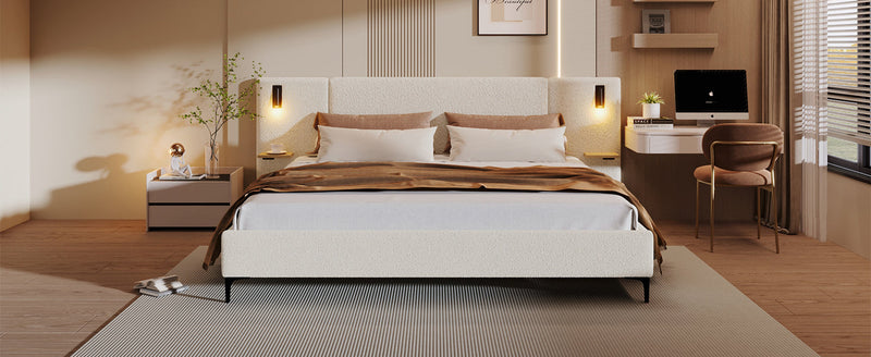 Chic Boucle Upholstered Bed with Integrated Lights and Shelves, photo 5 of 10