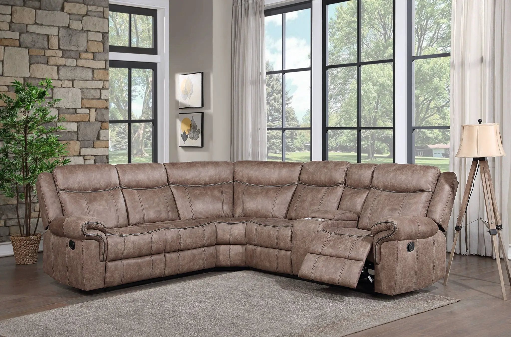Dollum - Two Tone Nubuck Manual Recliner Sectional Sofa With USB Port Cupholder Console by Unique Piece Furniture