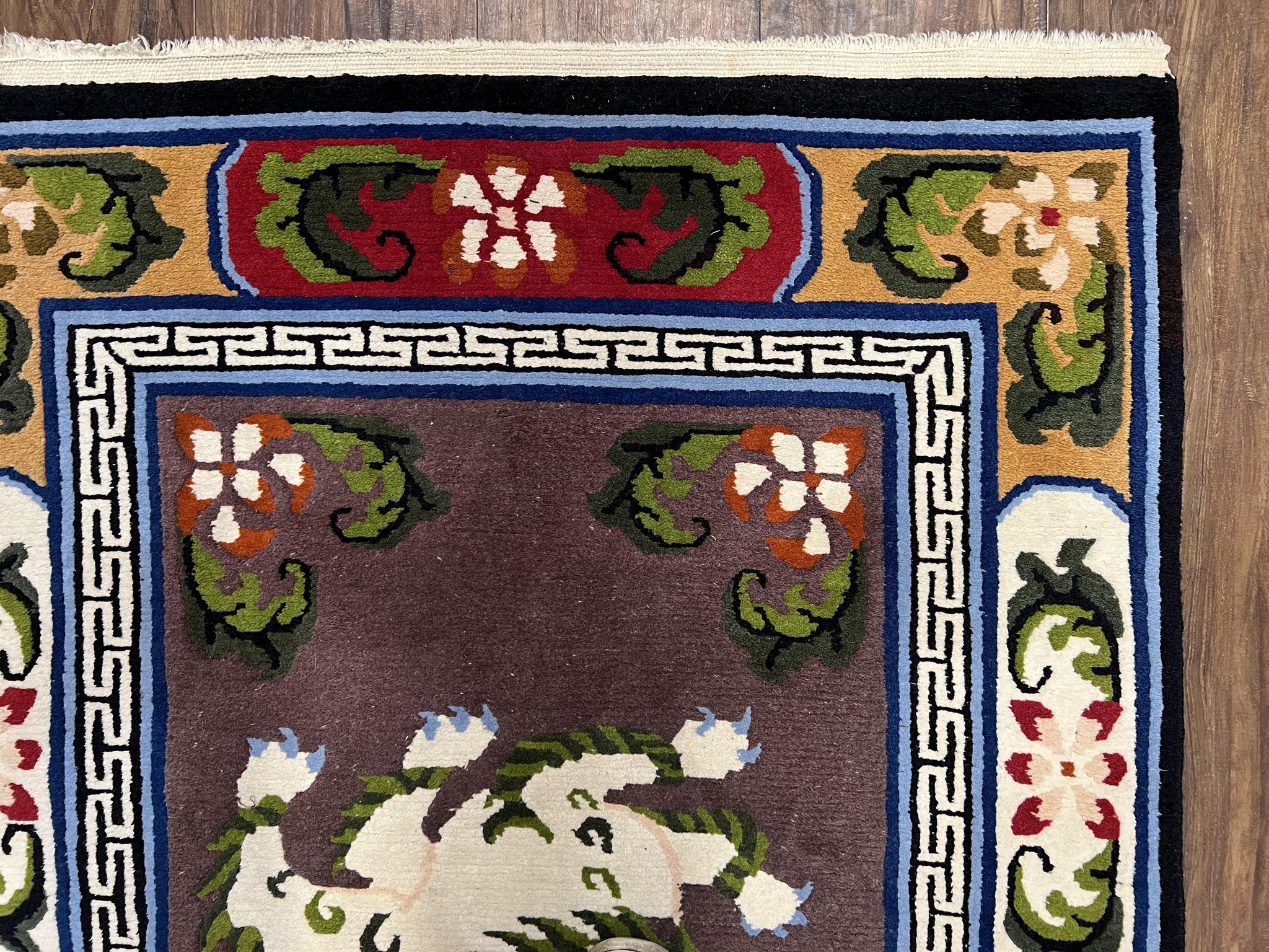 Chinese Art Deco Rug 3 x 5.5 with Animal Pictorials, Vintage Chinese Peking Wool Area Rug, Dark Puce Maroon Ivory, Hand Knotted Soft Carpet by Jewel Rugs
