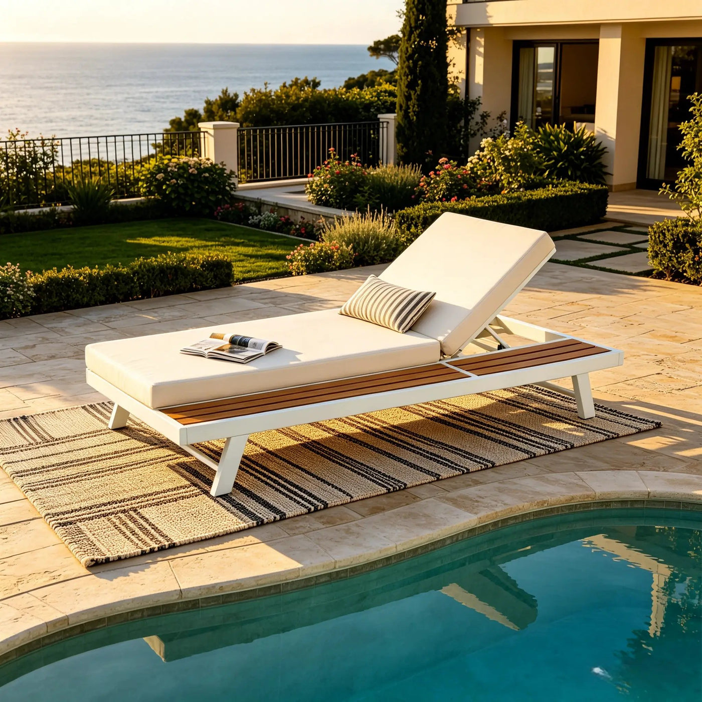 White Iron and Teak Finish Chaise Lounge Set with Cream Cushion by HouseOfZazla