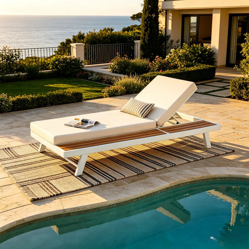 White Iron and Teak Finish Chaise Lounge Set with Cream Cushion by HouseOfZazla