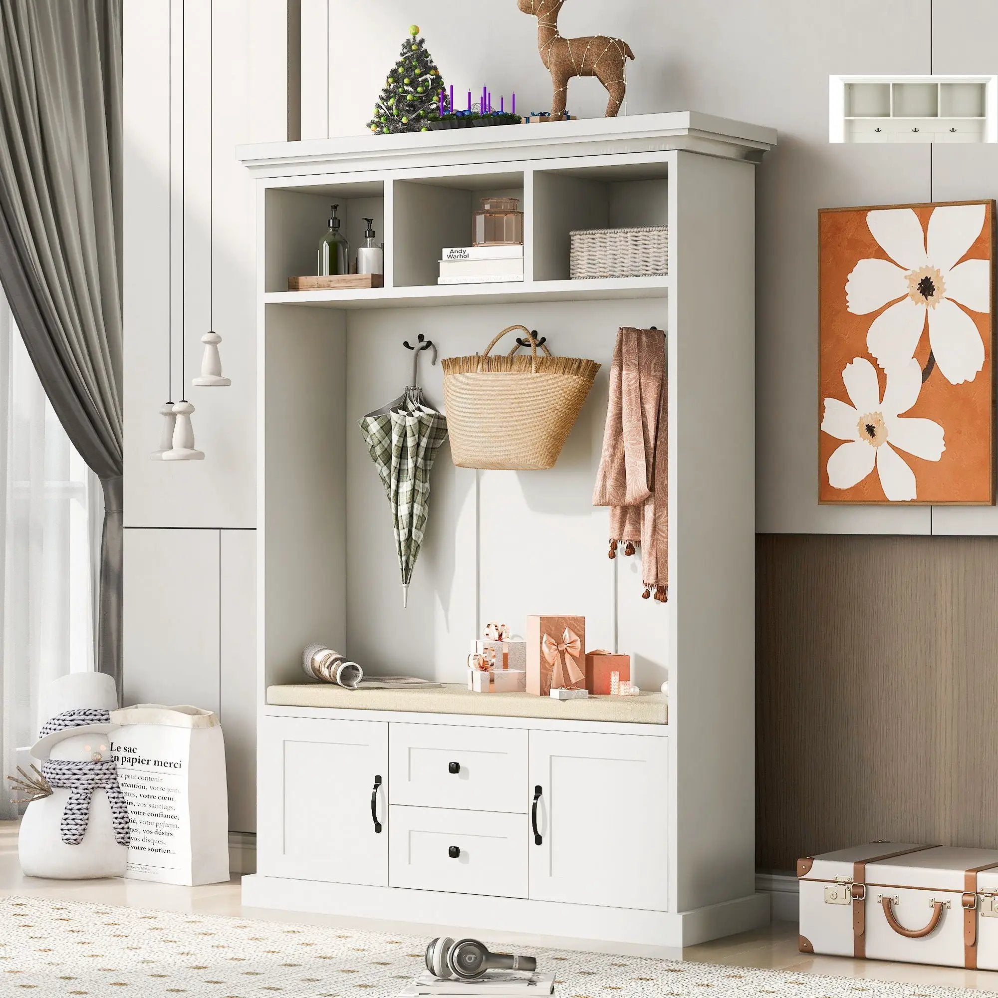 Hall Tree With 3 Hooks, Coat Hanger, Entryway Bench, Storage Bench, 3 In 1 Design by HouseOfZazla