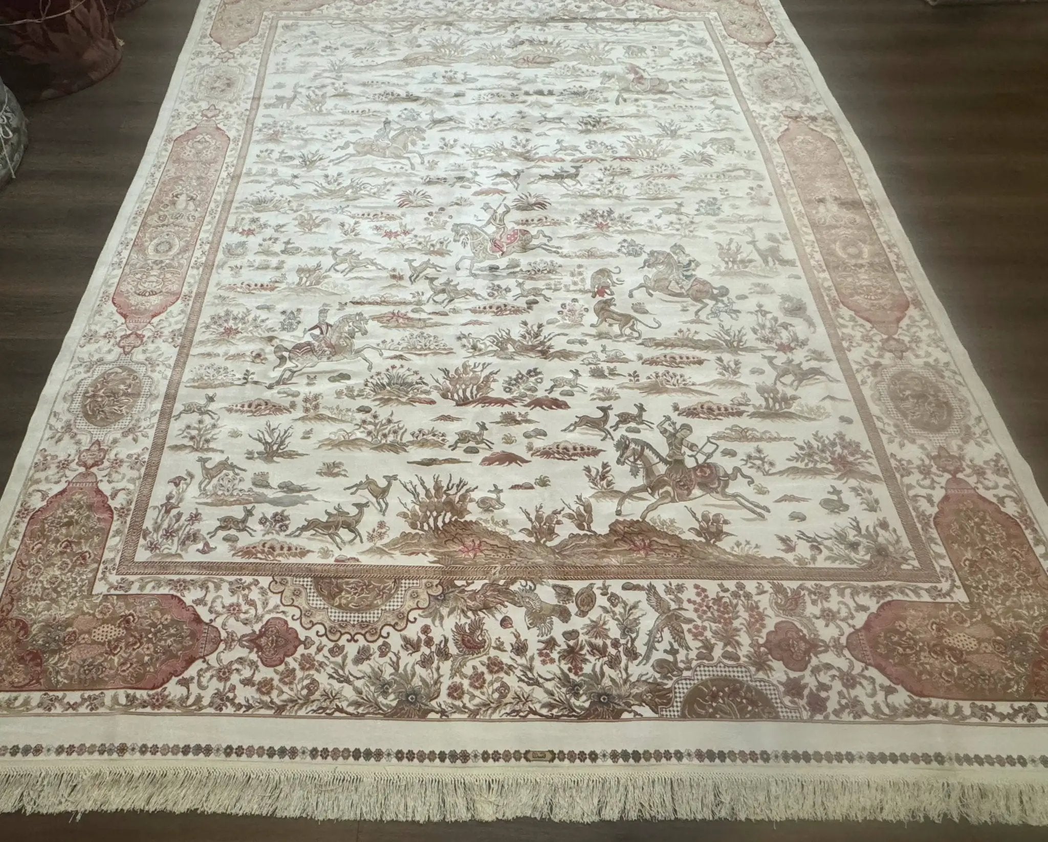 Large Turkish Silk Rug 8x10, Ivory, Hunting Design, Bamboo Silk, New by Jewel Rugs