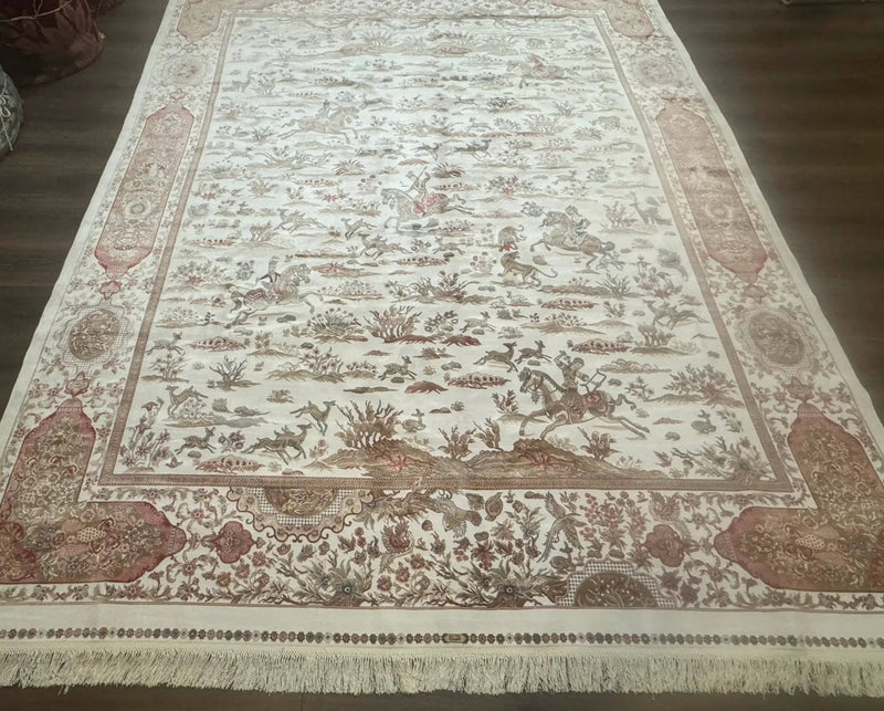 Large Turkish Silk Rug 8x10, Ivory, Hunting Design, Bamboo Silk, New by Jewel Rugs