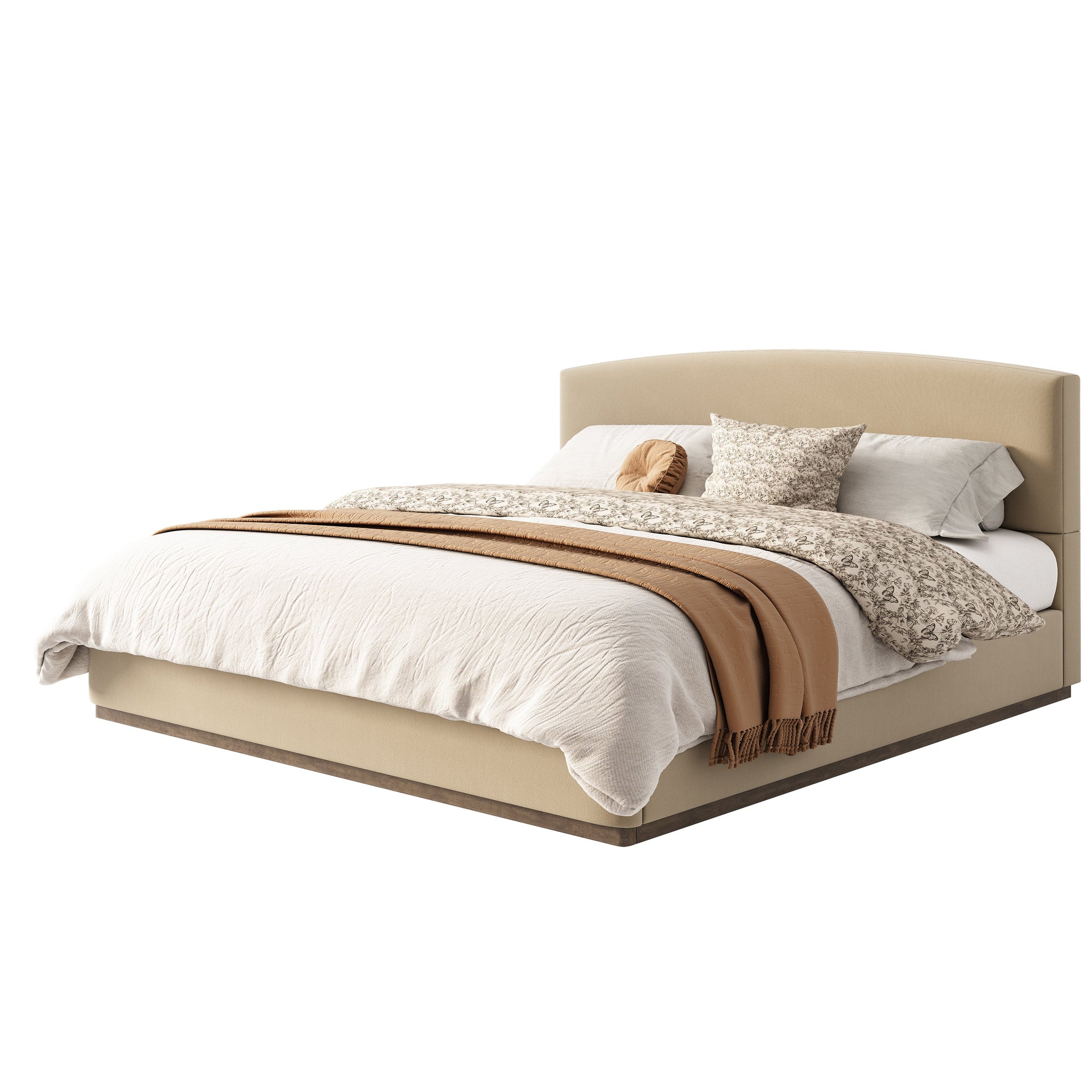 King Size Upholstered Bed Frame With Velvet Fabric Thick Headboard, Solid Wood Base, Camel by HouseOfZazla
