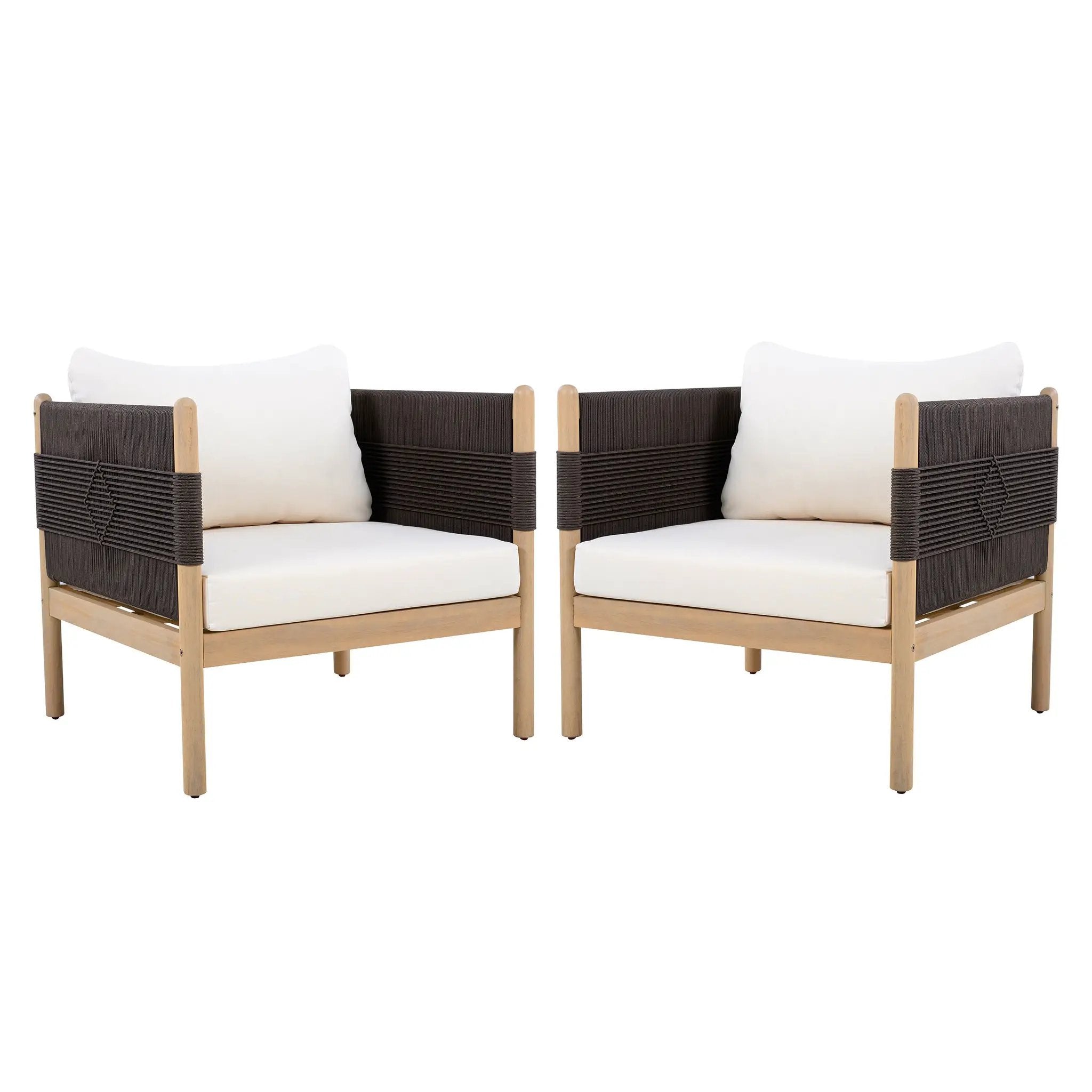 Outdoor Acacia Club Chairs (Set of 2) with Diamond-Pattern Black Rope, Light Teak Finish by HouseOfZazla