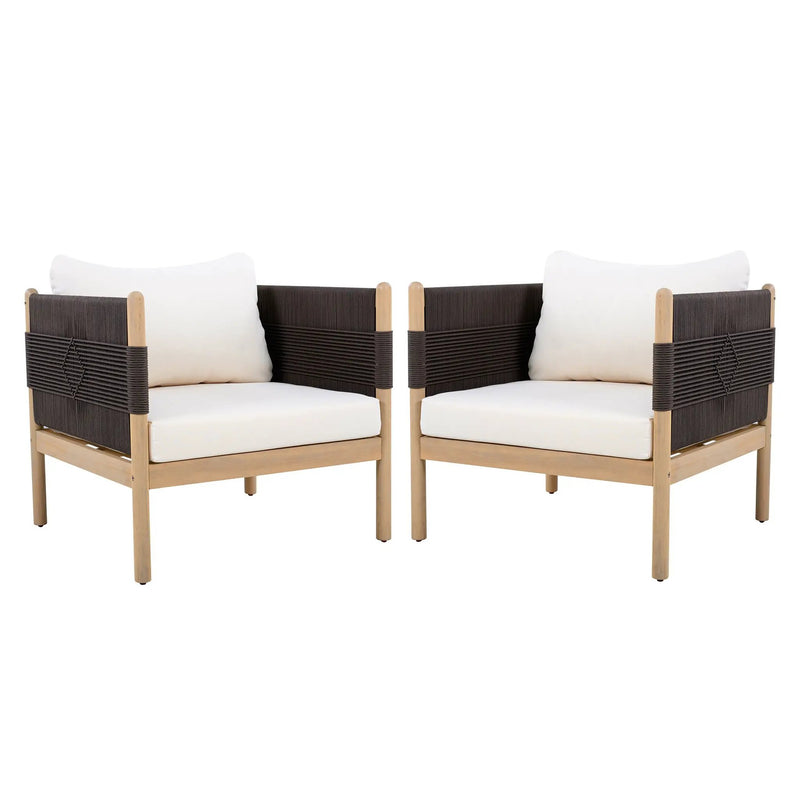 Outdoor Acacia Club Chairs (Set of 2) with Diamond-Pattern Black Rope, Light Teak Finish by HouseOfZazla