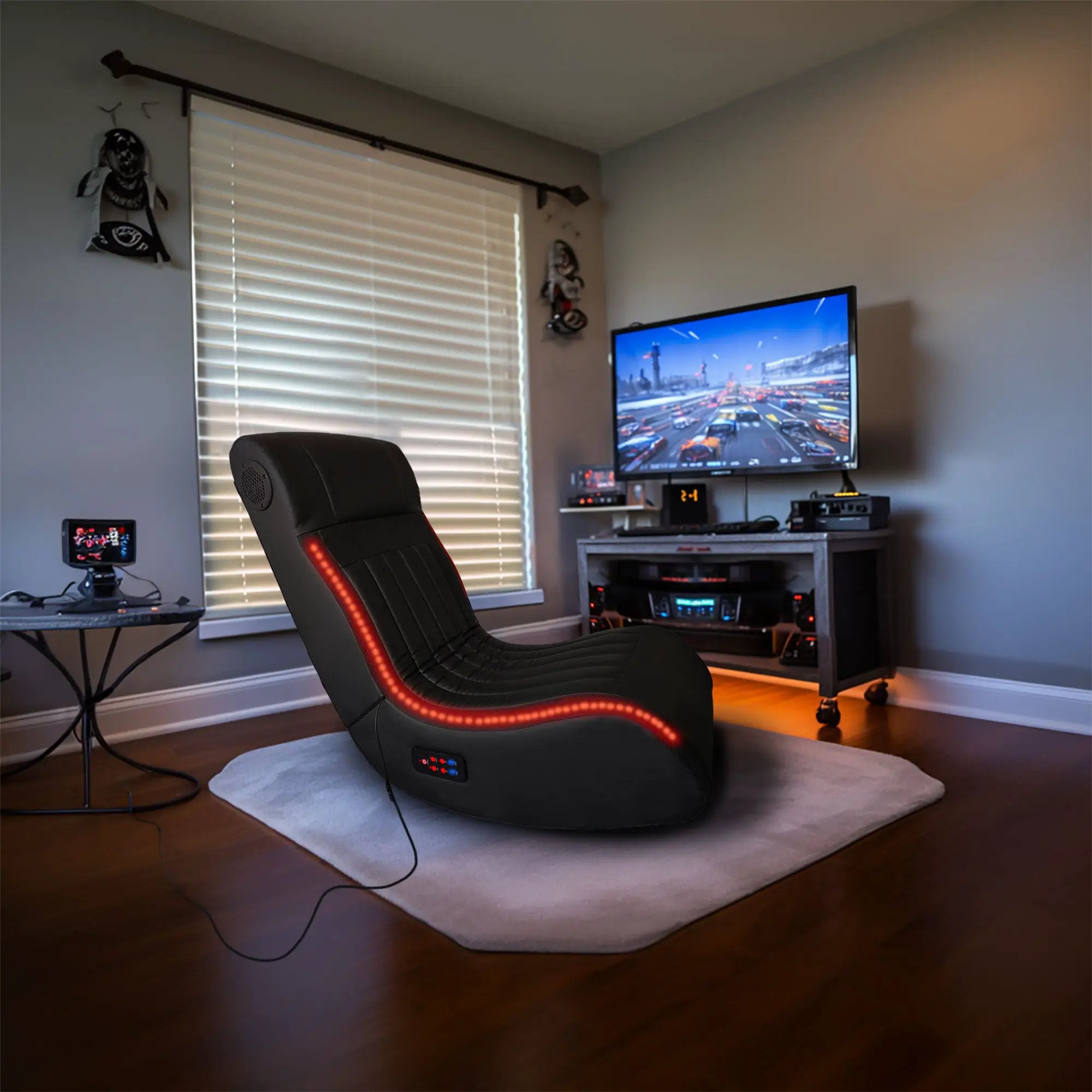 Foldable Gaming Chair With Onboard Speakers, LED Strip Lighting, Bluetooth, Vibration Massage, USB Charging Port - Black by HouseOfZazla