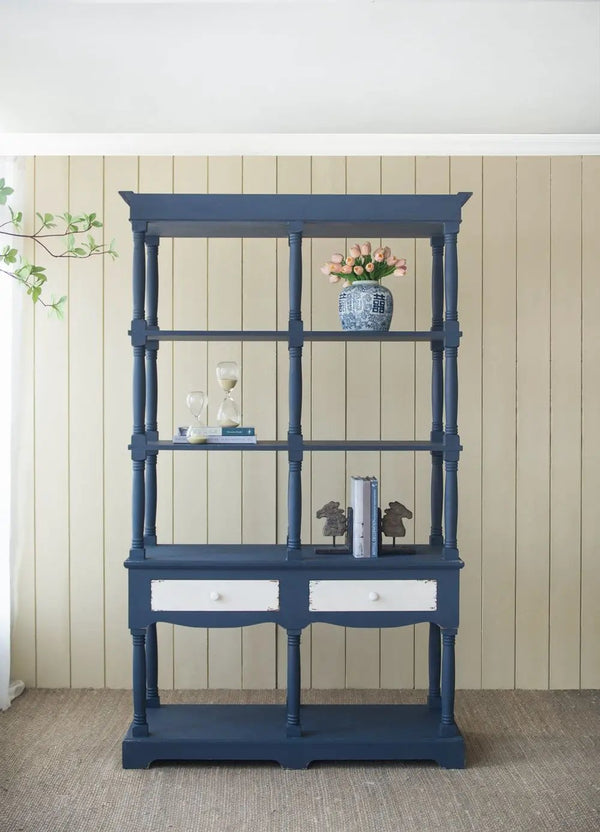 4 Tier Wooden Shelf With Two Drawers - Antique Navy Blue