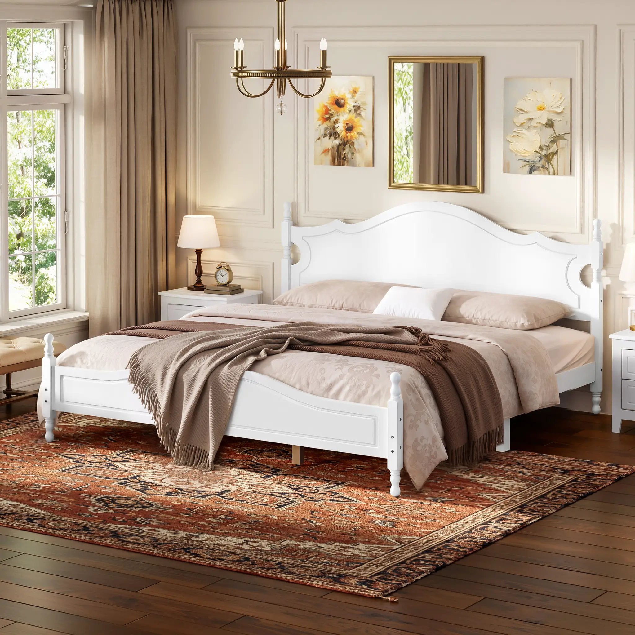 King Bed Frame with Headboard, Retro Style Wooden Platform Bed by HouseOfZazla