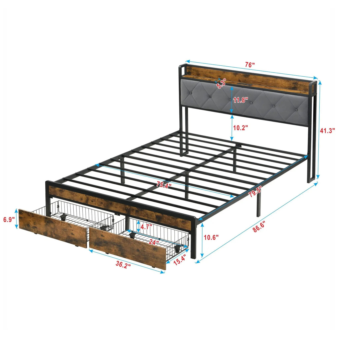 Modern Bed Frame With LED Lights, Upholstered Headboard, USB Charging by HouseOfZazla