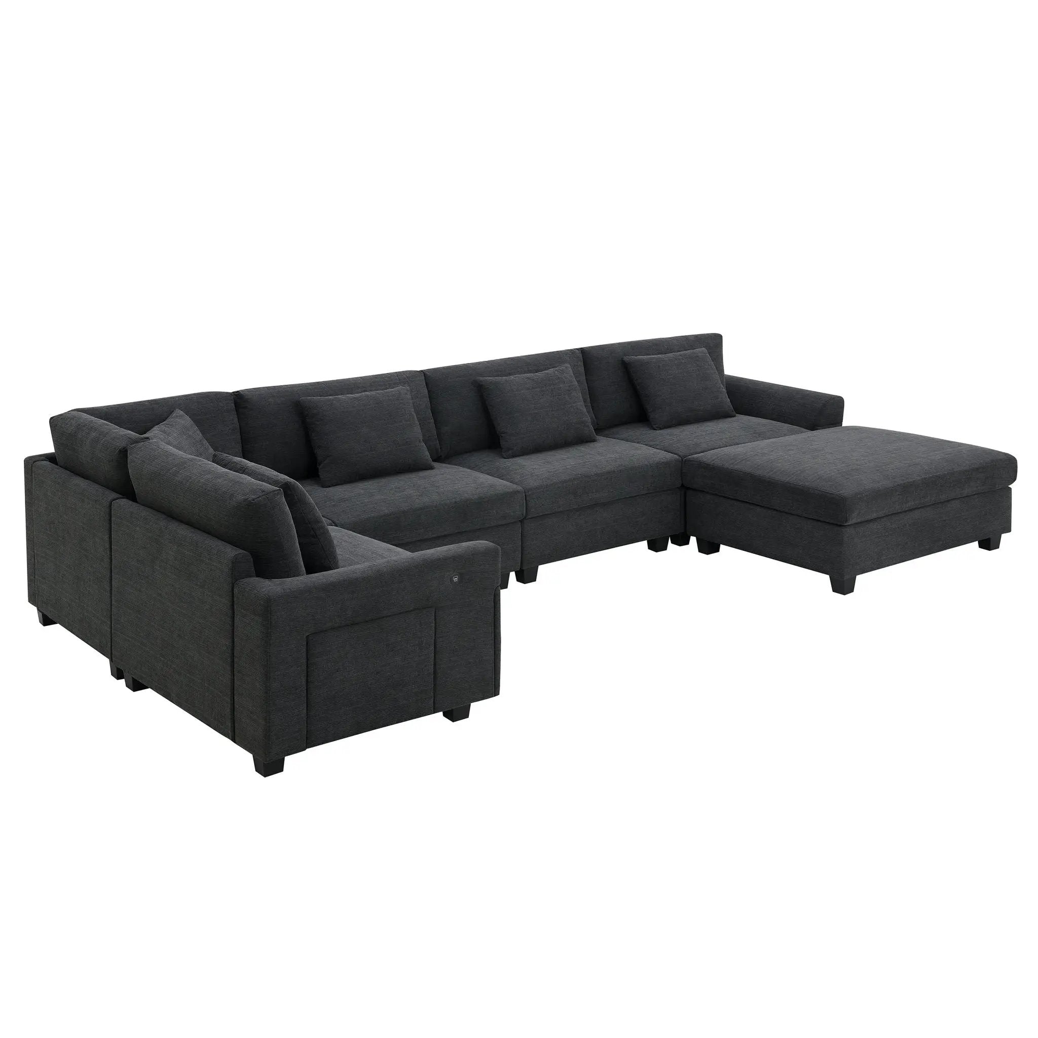 U Shaped Sectional Sofa 6 Seat Couch Set With Oversized Ottoman, Hidden Armrest Storage And Cup Holders USB Charging Ports Wide Seat Sofa by HouseOfZazla