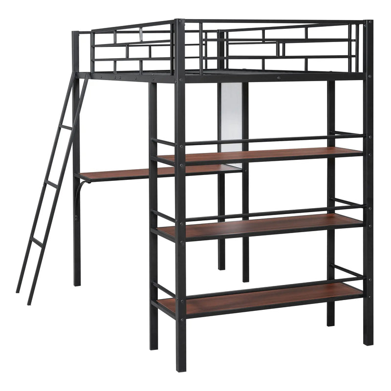 Loft Metal Bed With 3 Layers Of Shelves And Desk, Stylish Metal Frame Bed With board by HouseOfZazla