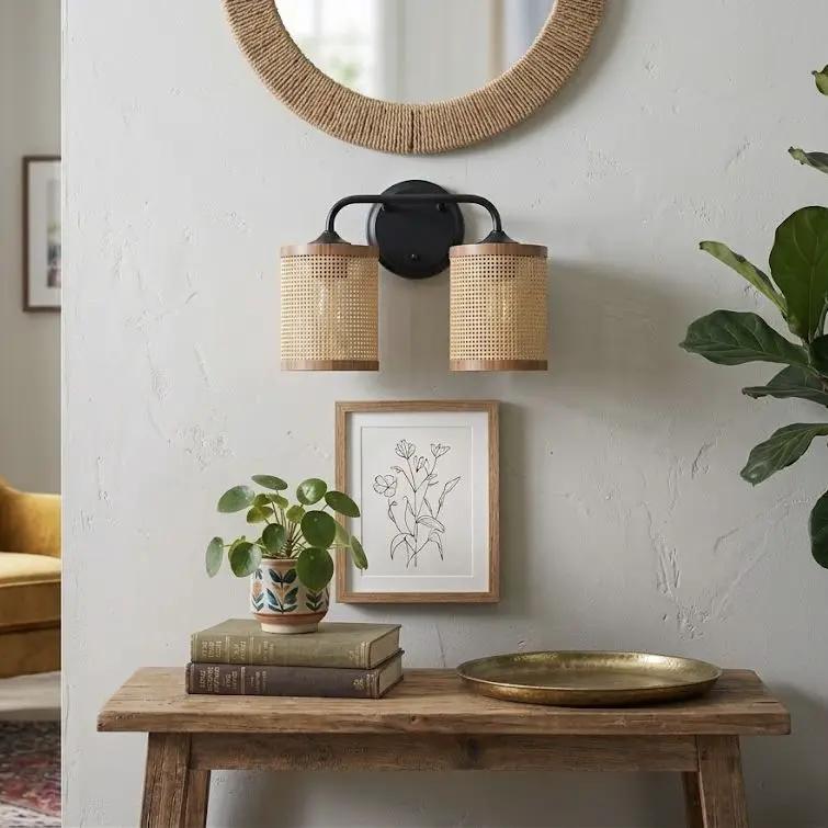 Quell - Double Light Vanity With Natural Shade Wall Lamp - Black / Rattan by HouseOfZazla