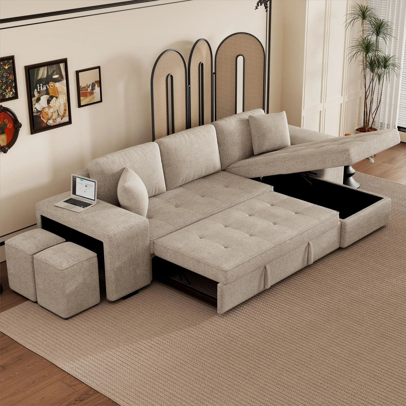 Modern L-Shape 3 Seat Reversible Sectional Couch, Pull Out Sleeper Sofa With Storage Chaise And 2 Stools For Living Room Furniture Set by Unique Piece Furniture