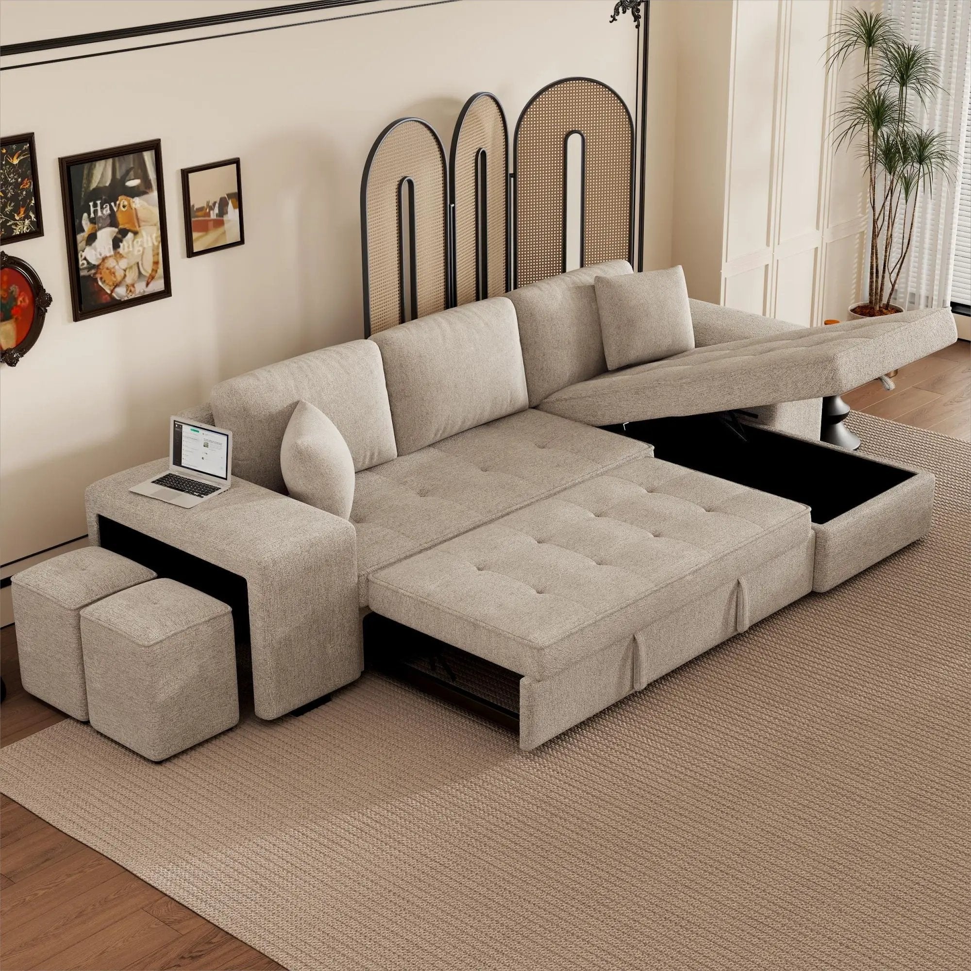 Modern L-Shape 3 Seat Reversible Sectional Couch, Pull Out Sleeper Sofa With Storage Chaise And 2 Stools For Living Room Furniture Set by HouseOfZazla