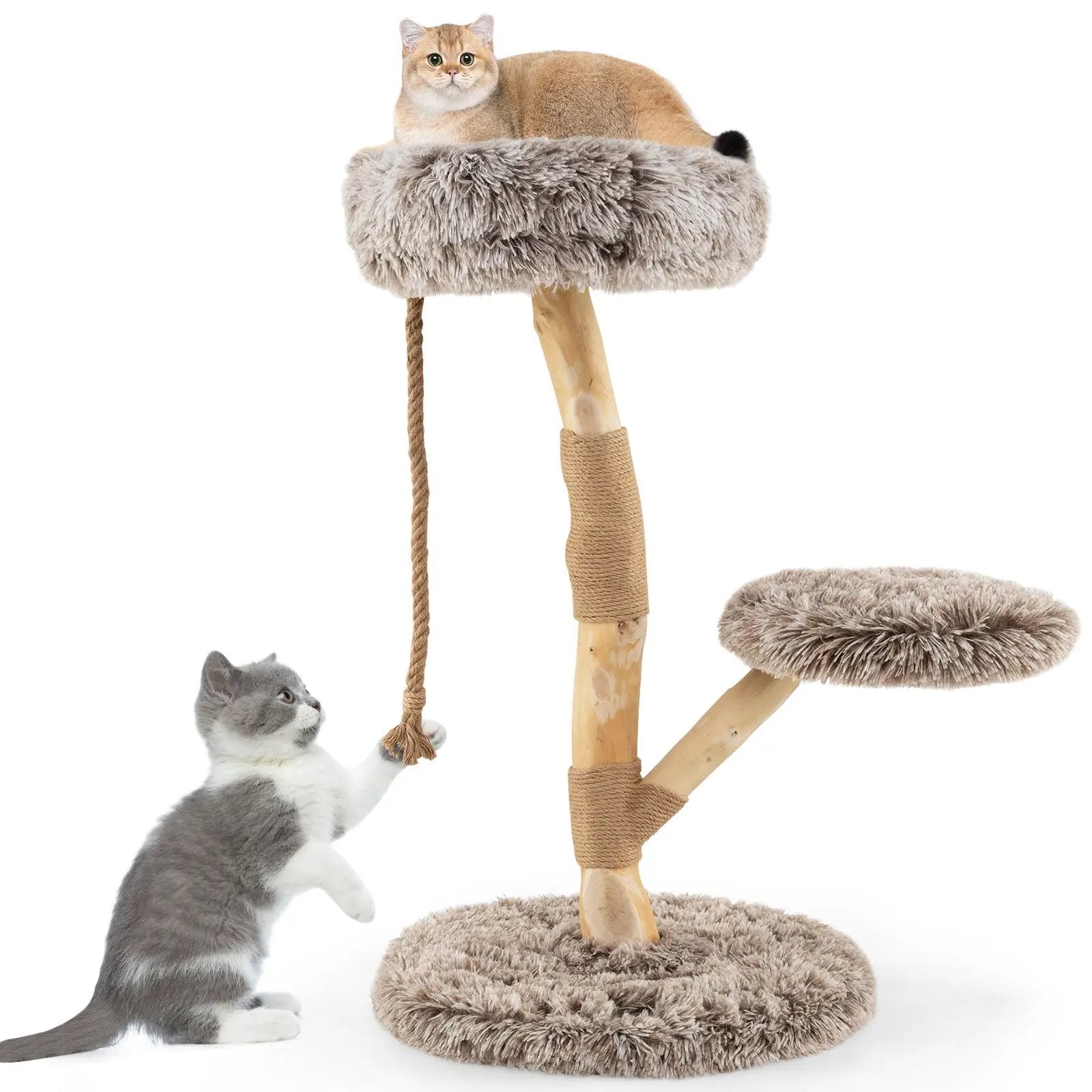 Modern Wooden Cat Tree Tower with Perch and Natural Jute Scratching Posts-Brown by DirectDeals