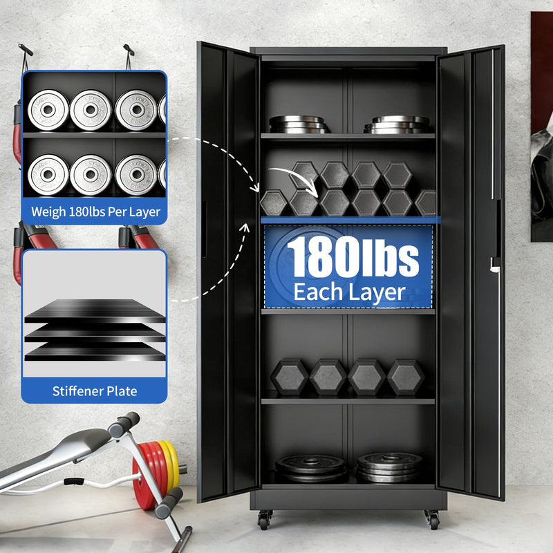 Storage Cabinet With Wheels And Lock, 4 Adjustable Shelves, 3 Point Locking Security, For Tool Organization In Garage - Black by HouseOfZazla