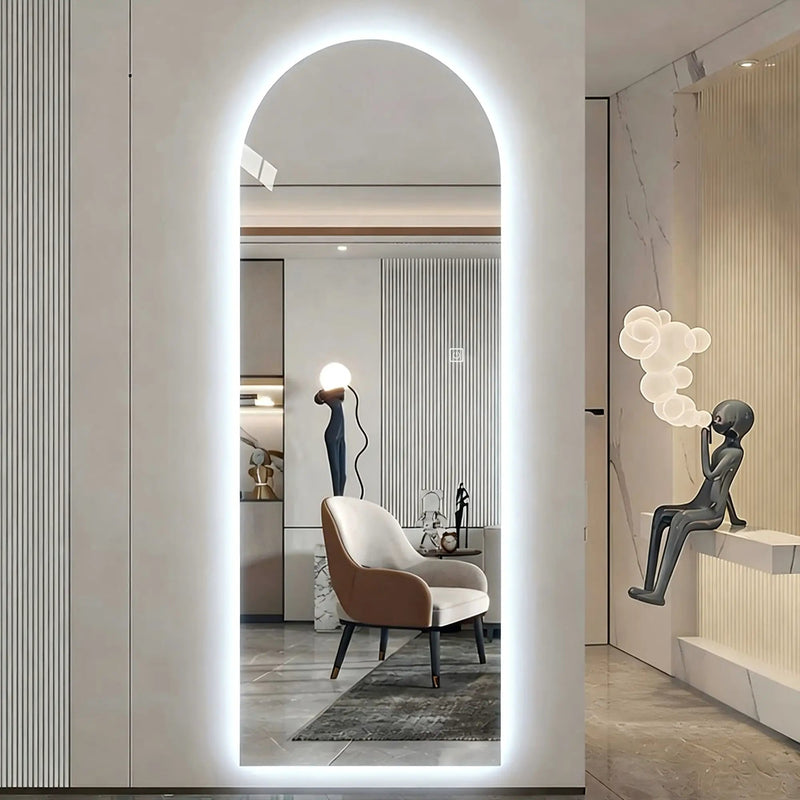 LED Full Length Wall Mirror With Symmetrical Arch Design, 3 Color Dimmable Lighting - Silver by HouseOfZazla