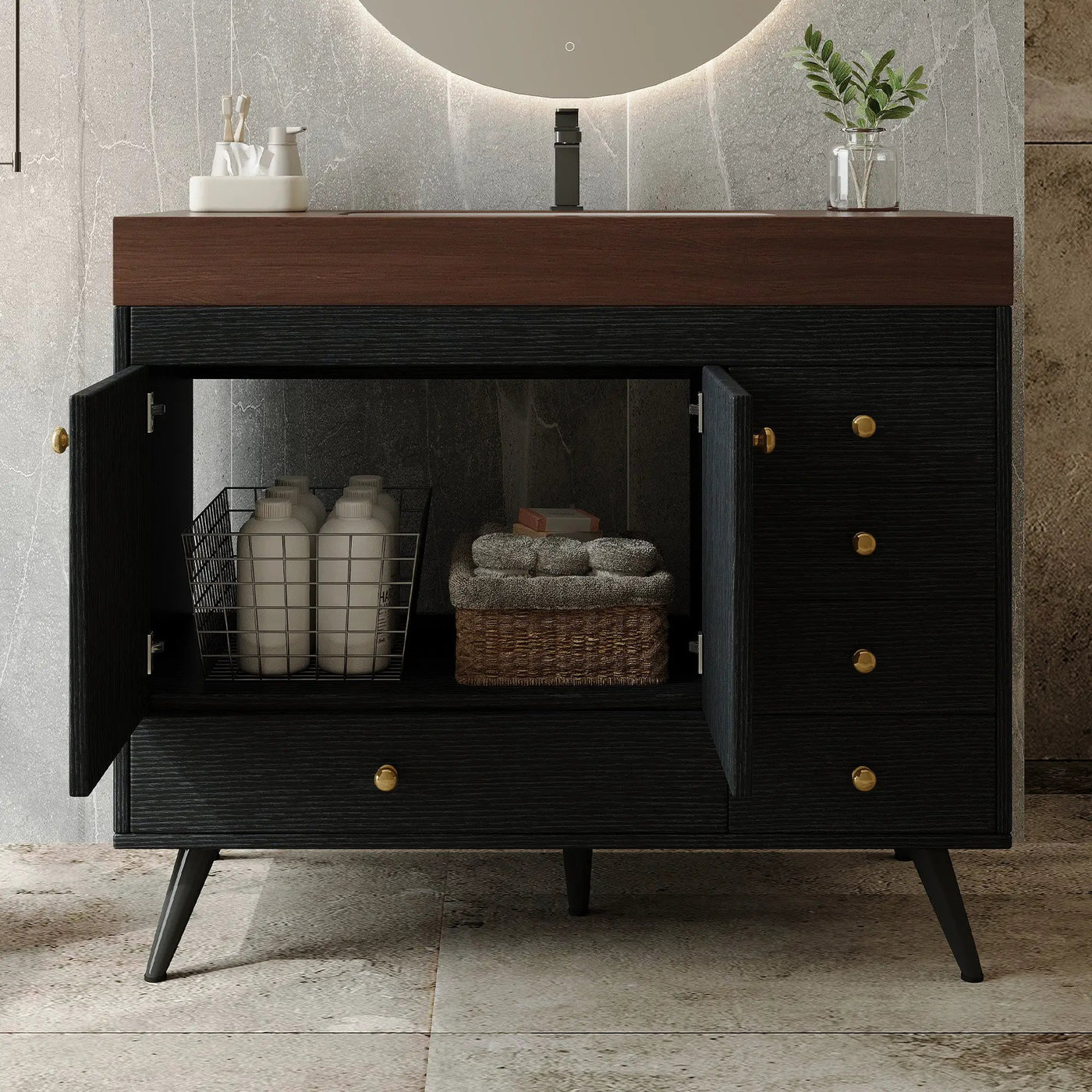 36" Freestanding Bathroom Vanity with Faux Marble Top, Ceramic Sink, 5 Drawers & Stainless Steel Legs by HouseOfZazla