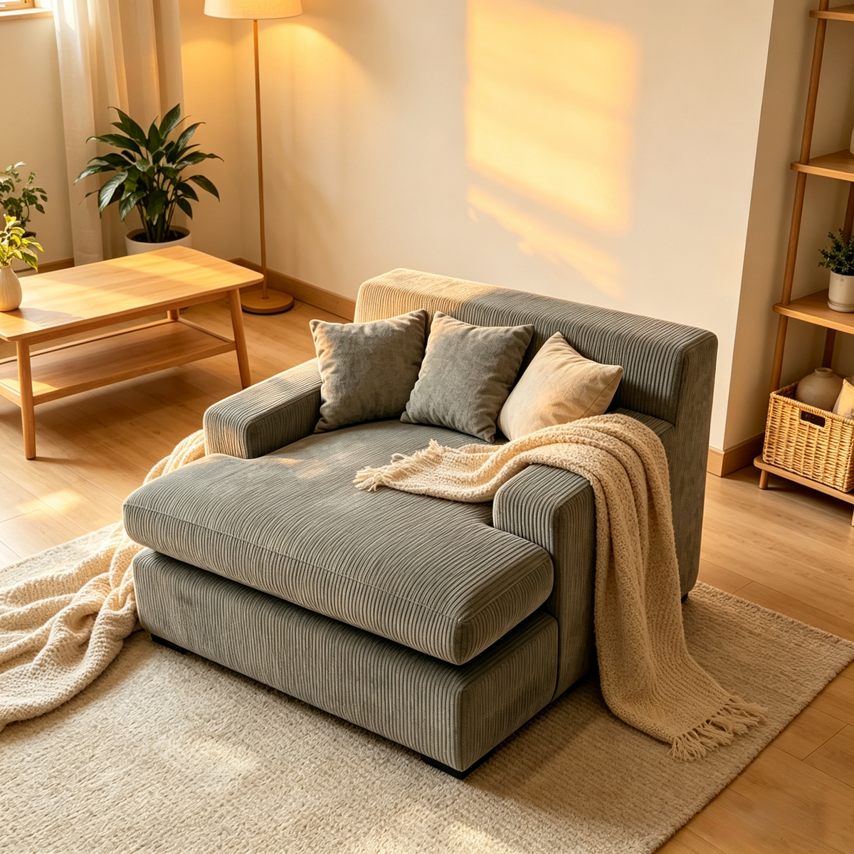 Oversized Corduroy L-Shaped Modular Lazy Sofa, Large Chaise Lounge Bean Bag Chair with Throw Pillows for Living Room Bedroom, photo 3 of 8