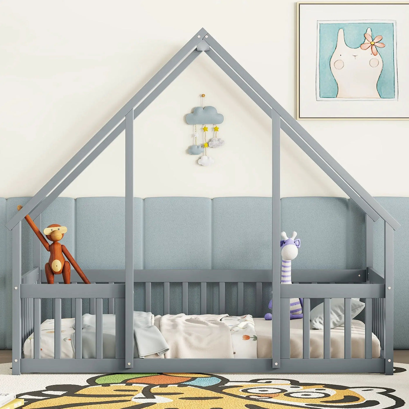 Wood House-Shaped Floor Bed With Fence, Guardrails by HouseOfZazla