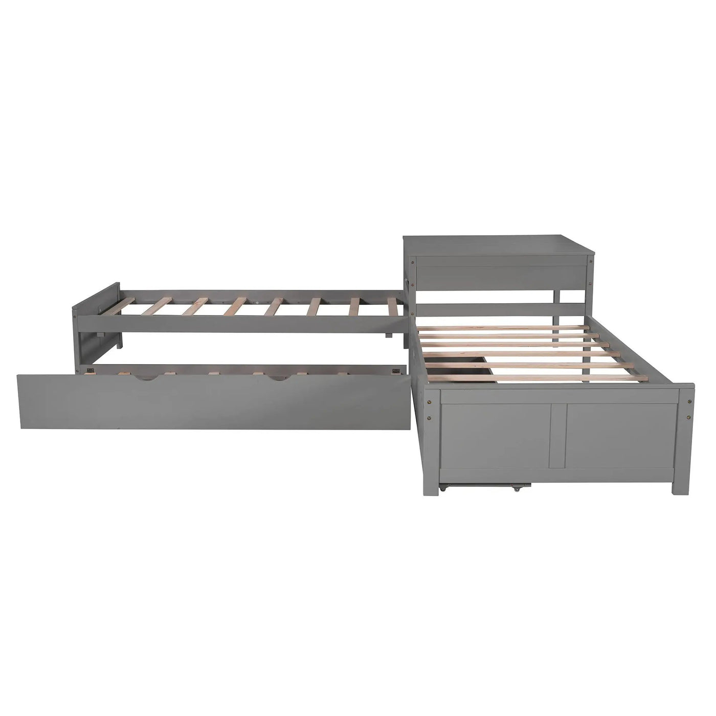 L Shaped Platform Bed With Trundle And Drawers Linked With Built In Desk by HouseOfZazla