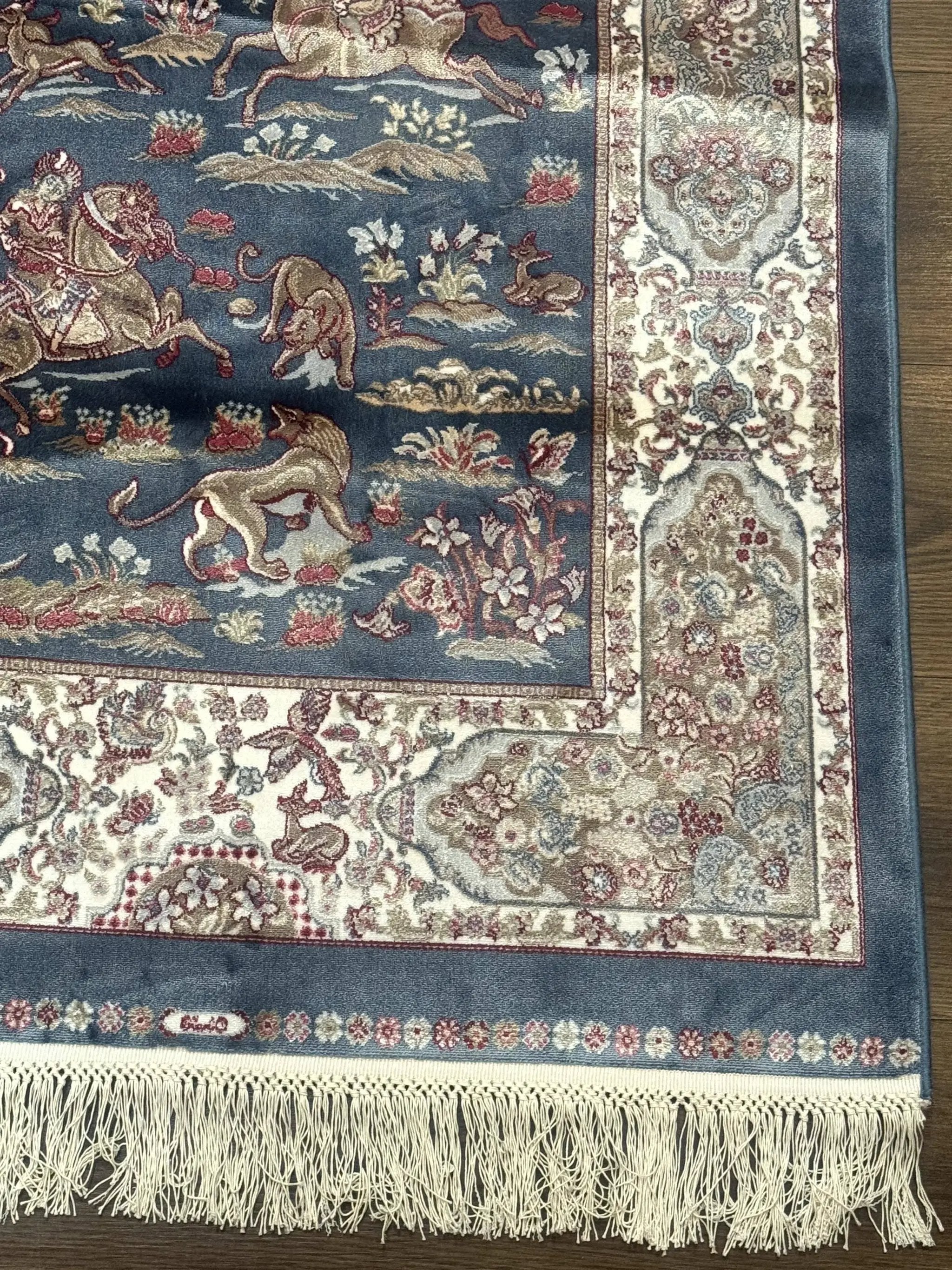 Turkish Silk Rug 2.6 x 6.7, Short Runner Rug, Blue & Ivory, Bamboo Silk, New by Jewel Rugs