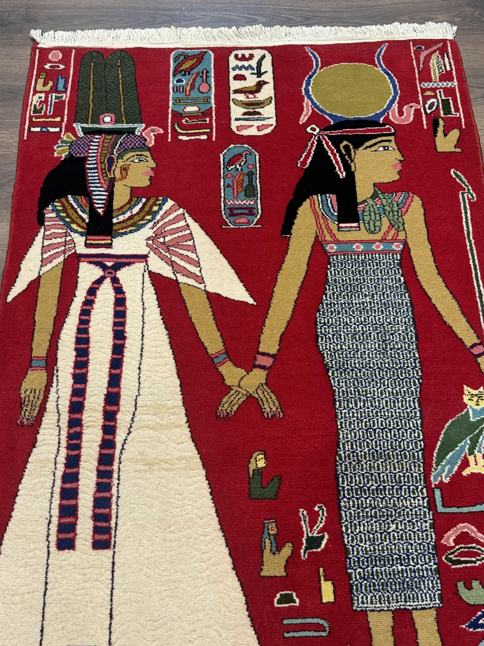 Egyptian Pictorial Rug 3x4, Hieroglyphic Pictorial Rug, Egyptian Prince and Princess, Cleopatra, Vintage Handmade, Red by Jewel Rugs
