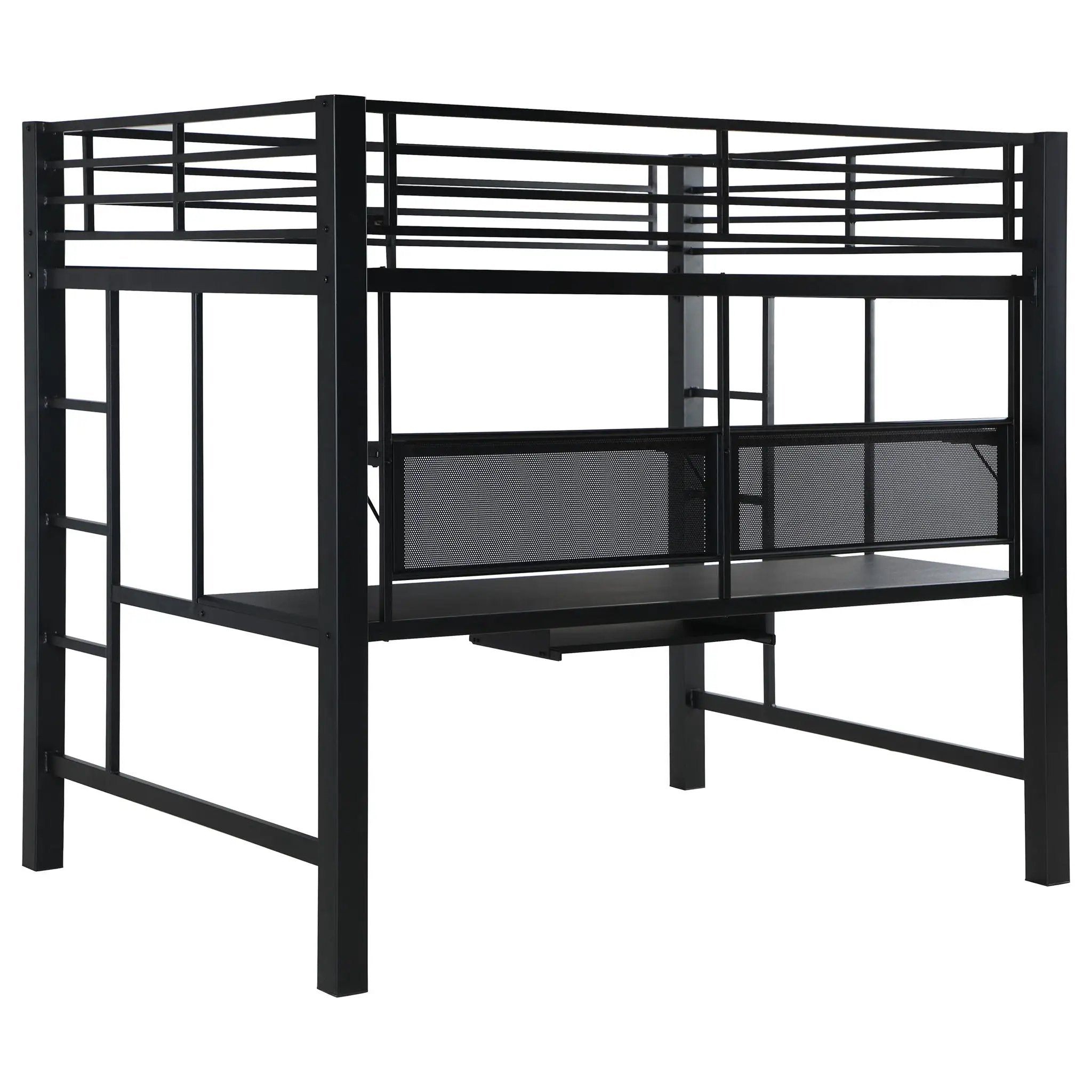 Ranier - Full Workstation Loft Bed, Full Length Desk, Safety Rails And Storage Shelves - Black by HouseOfZazla